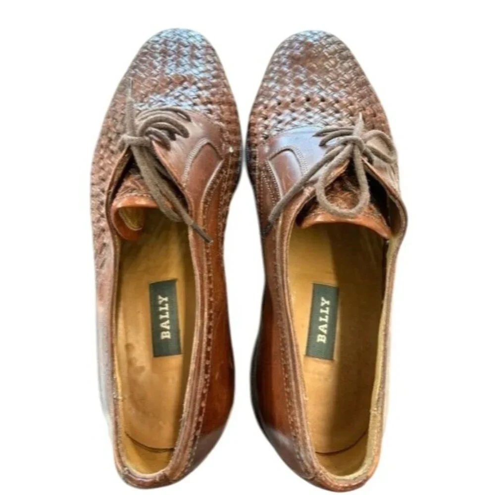 Vintage Bally Mens Brown Woven Leather Oxfords Made In‎ Italy